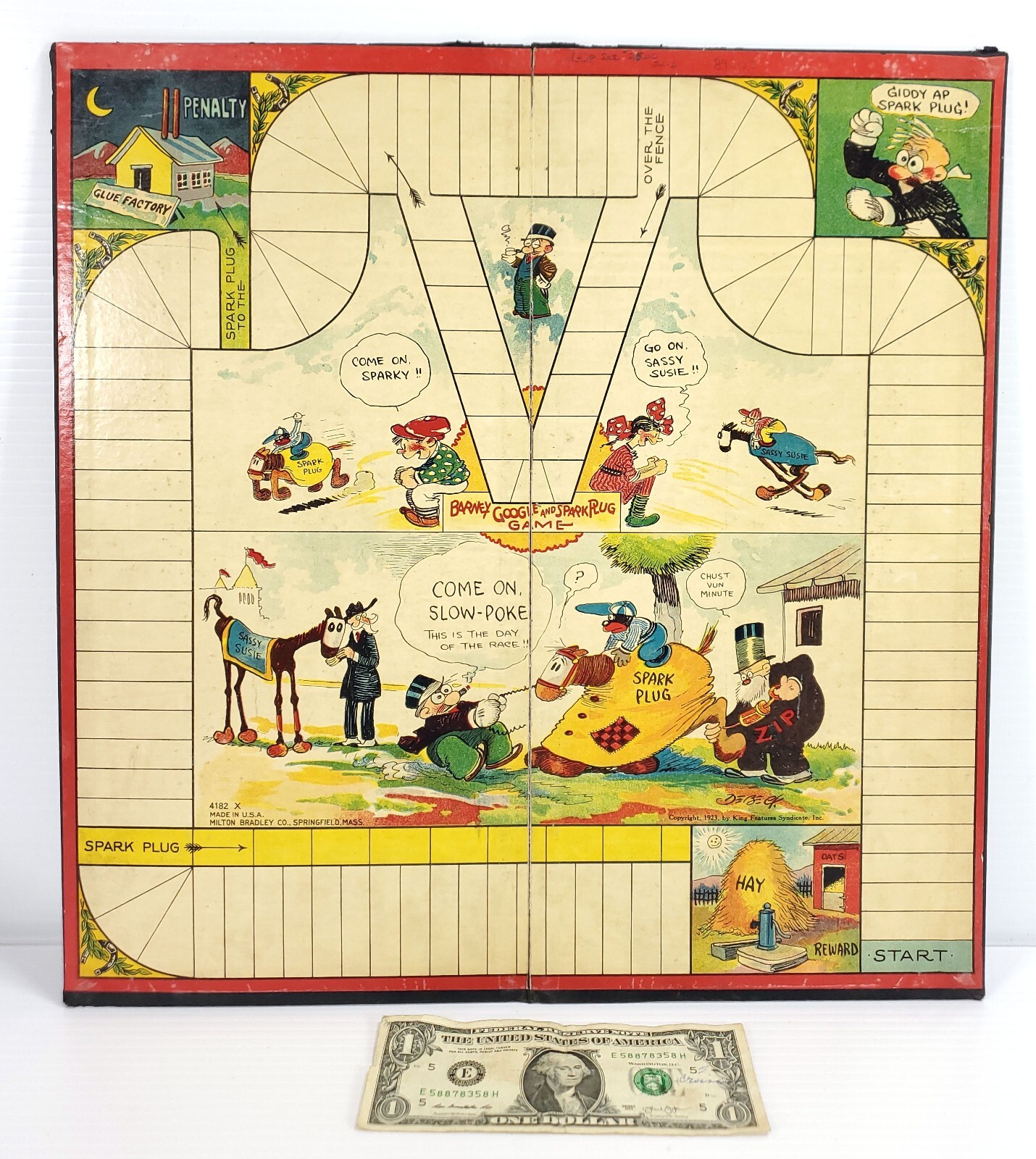 Antique Milton Bradley Game Board “SPARK PLUG” Horse Cartoon