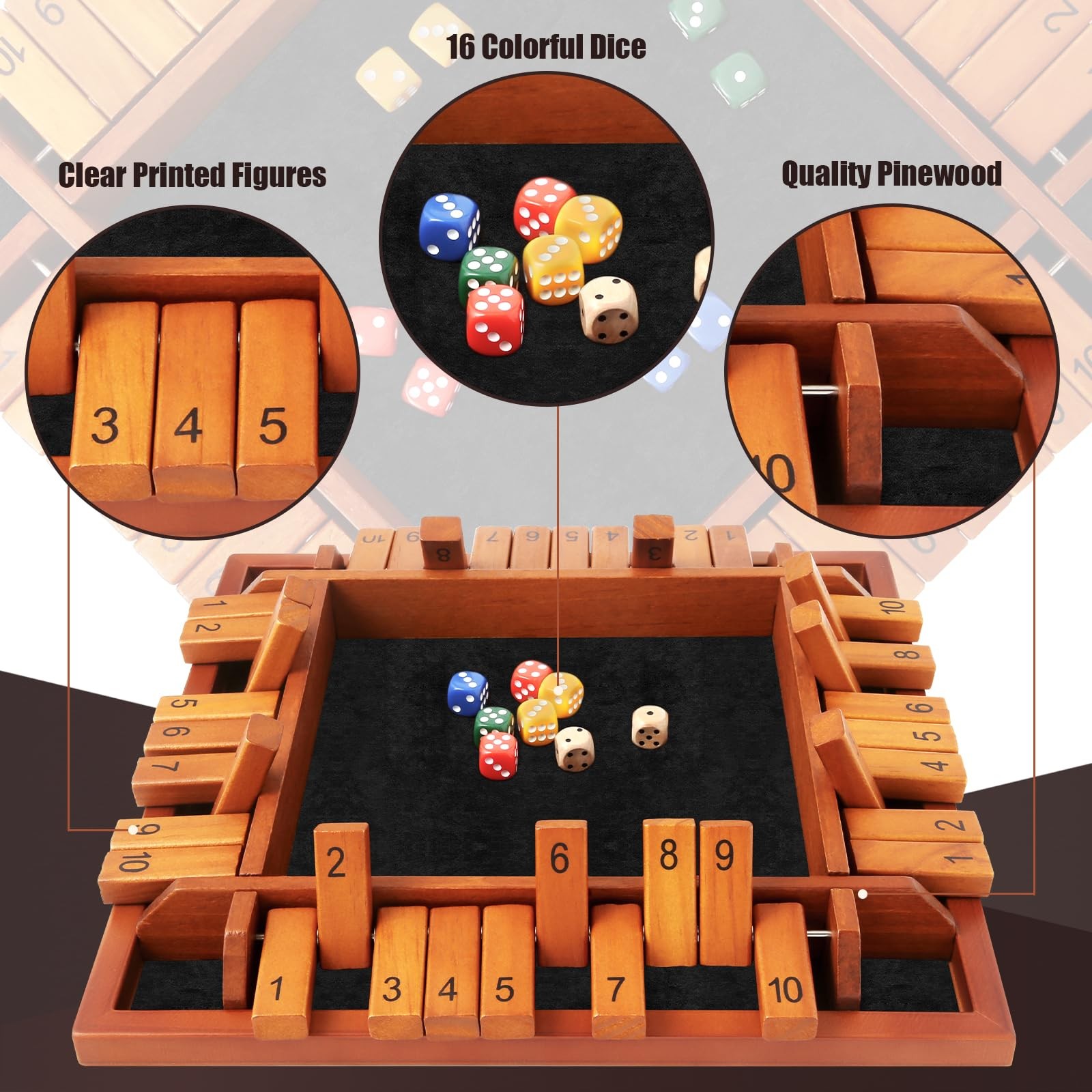 4 Players Shut the Box Dice Games, Wooden Board Table Math Game with 12 Dice …