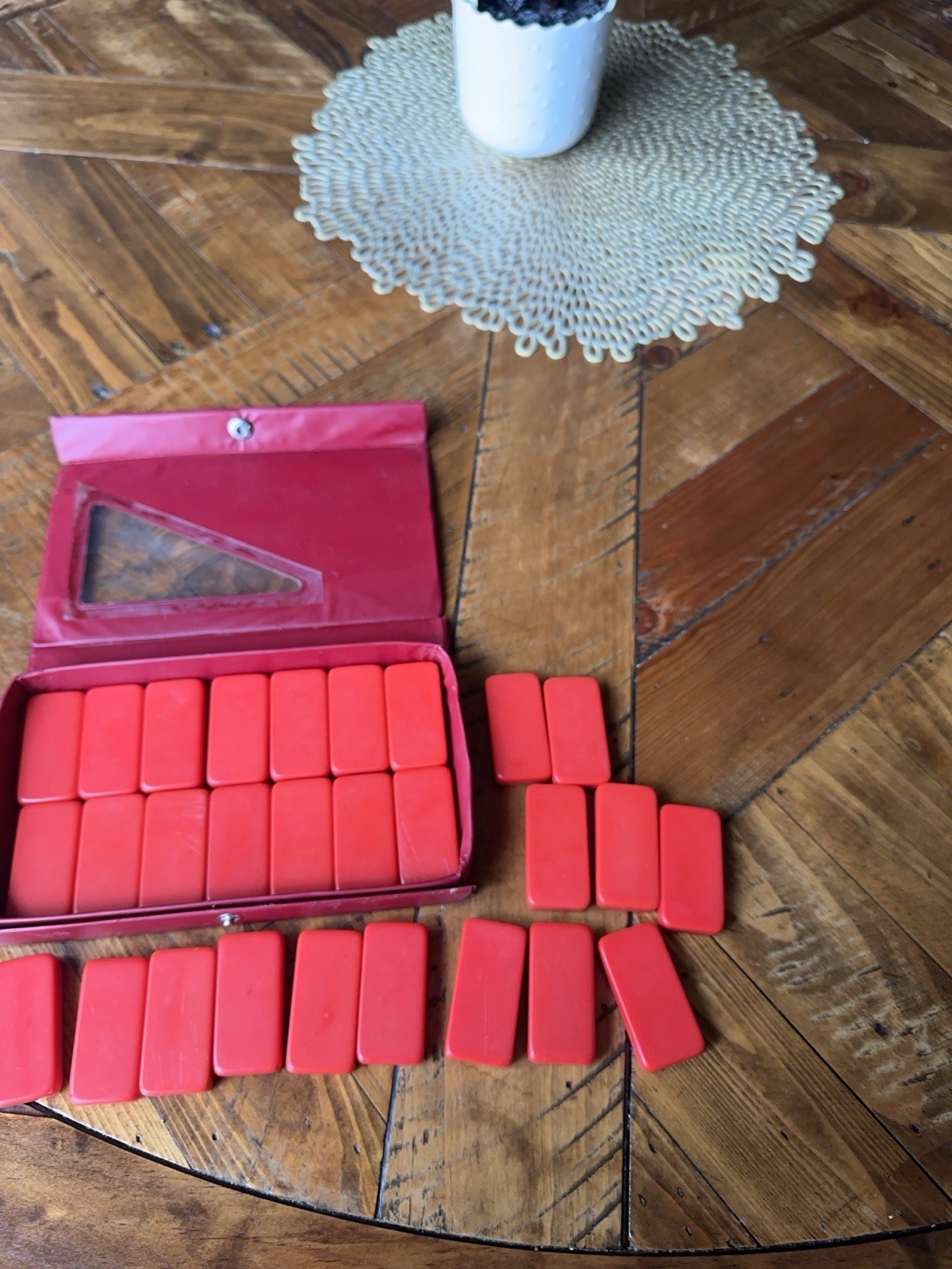 Vintage Red Double Six Dominoes Set of 28 Tile Game Complete W Vinyl Case, GUC