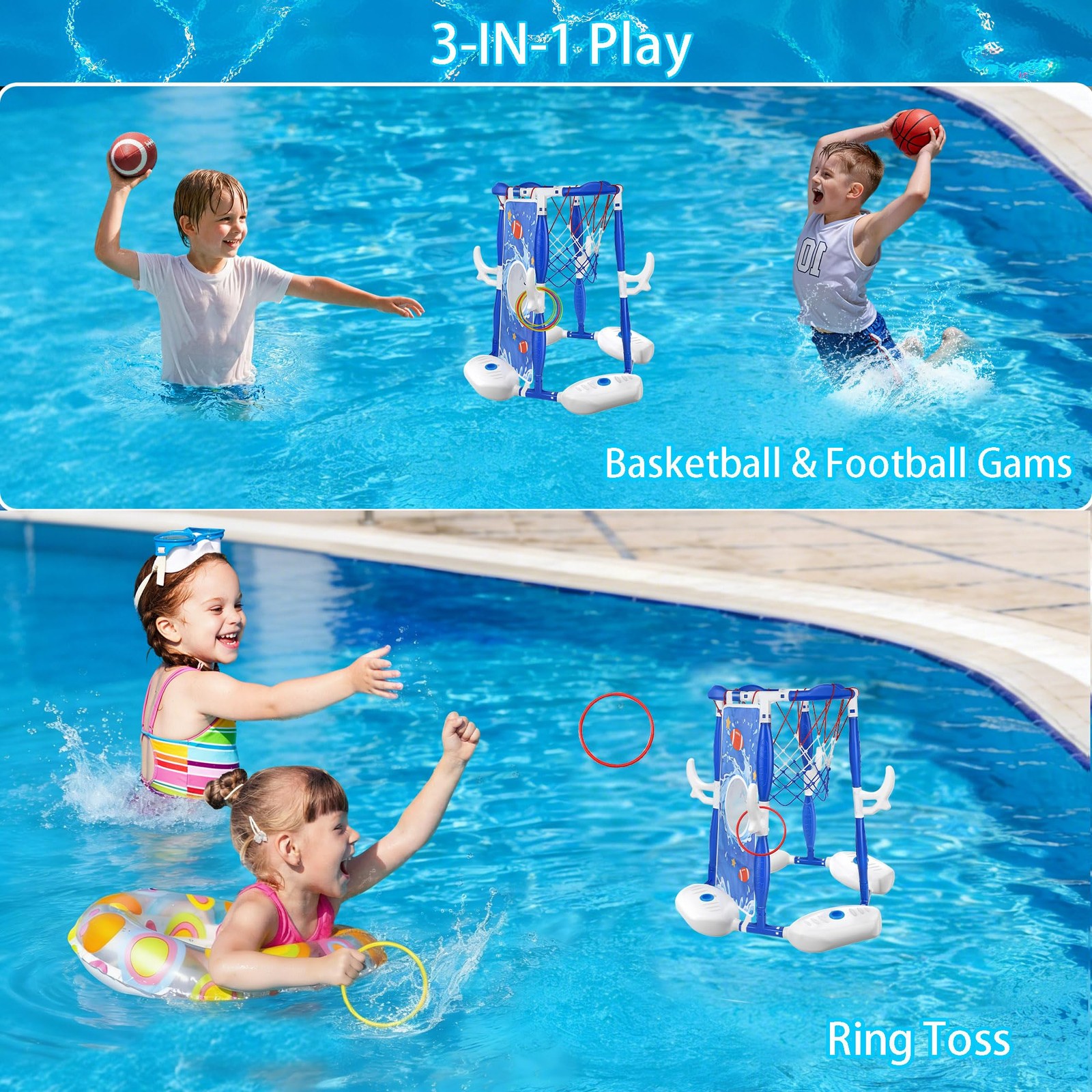 Pool Basketball Hoop 3-in-1 Floating Football Ring Games 5 Balls LPFG 4-8 8-12