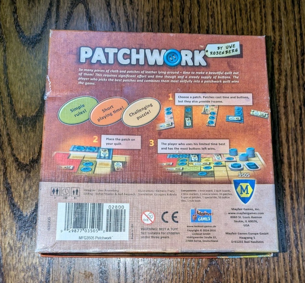 Patchwork Boardgame Uwe Rosenberg Lookout Games Complete Sewing Tile Game Vtg