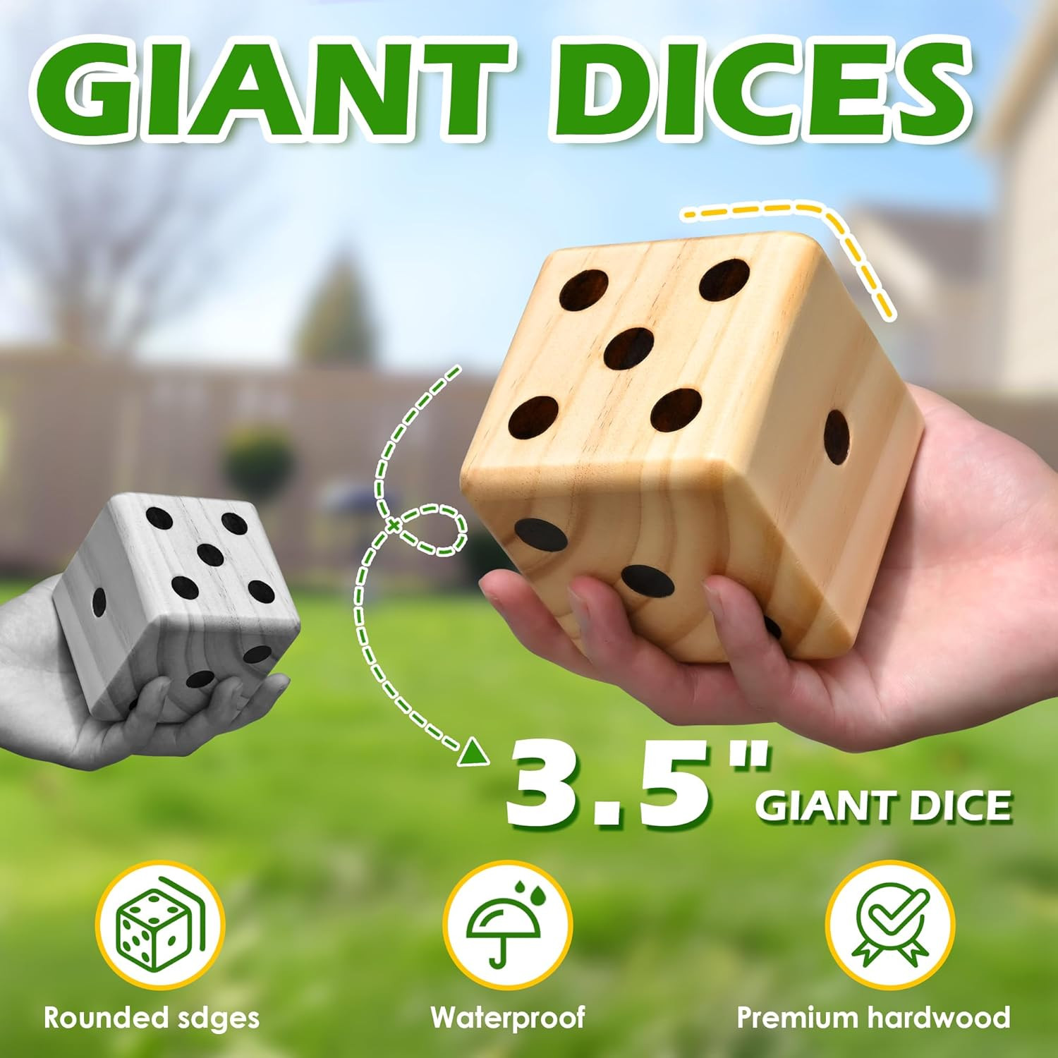 3.5″ Giant Wooden Yard Dice Set for Outdoor Fun, Barbeque, Party Events, Backyar