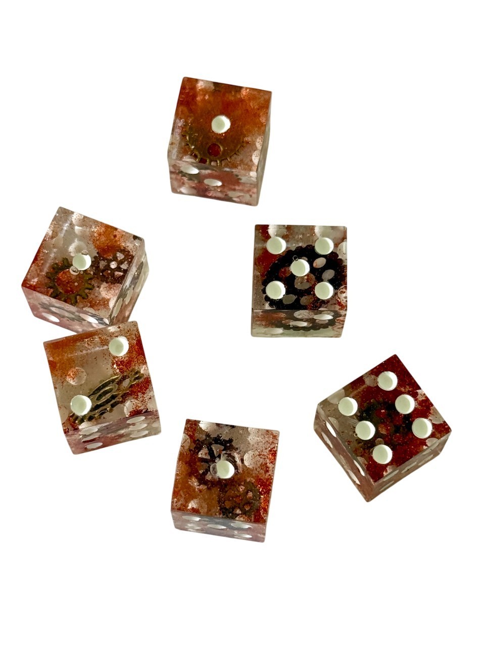 Resin Dice Set 6pcs – Steampunk Gears – Handmade Replacement Dice Games