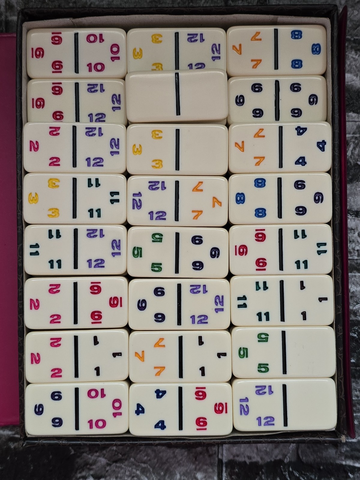 Set of 91 Professional Double Twelve Dominoes Vinyl Case Multicolor Numbers Vtg