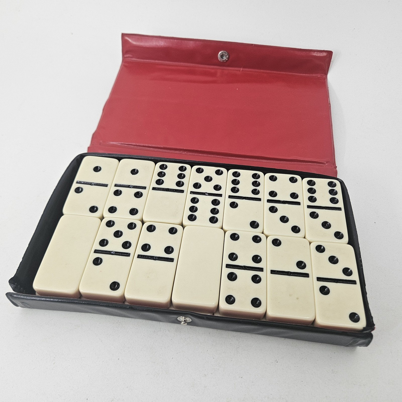 Vintage Dominoes Set Travel Case Black Leatherette Red Felt Made in Hong Kong