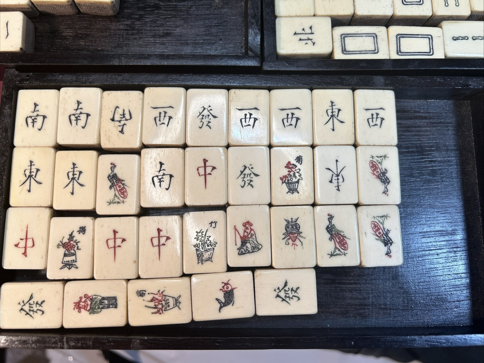 Vtg Chinese Mahjong Tiles Set w Characters Inlay Drawers Box Chest