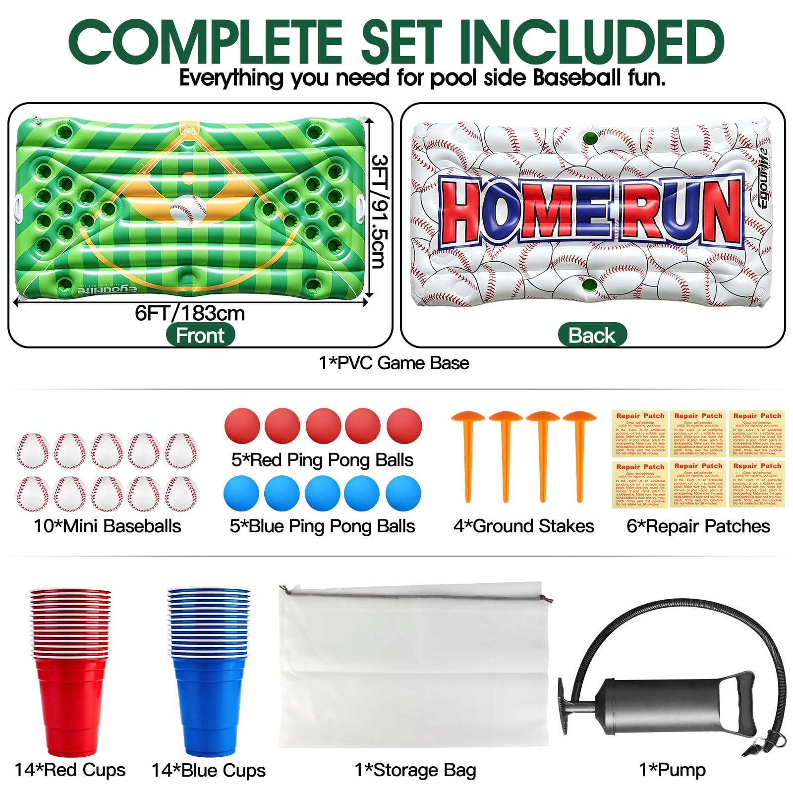 Baseball Pool Float & Inflatable beer Pong Table – 6ft Heavy Duty Reversible …