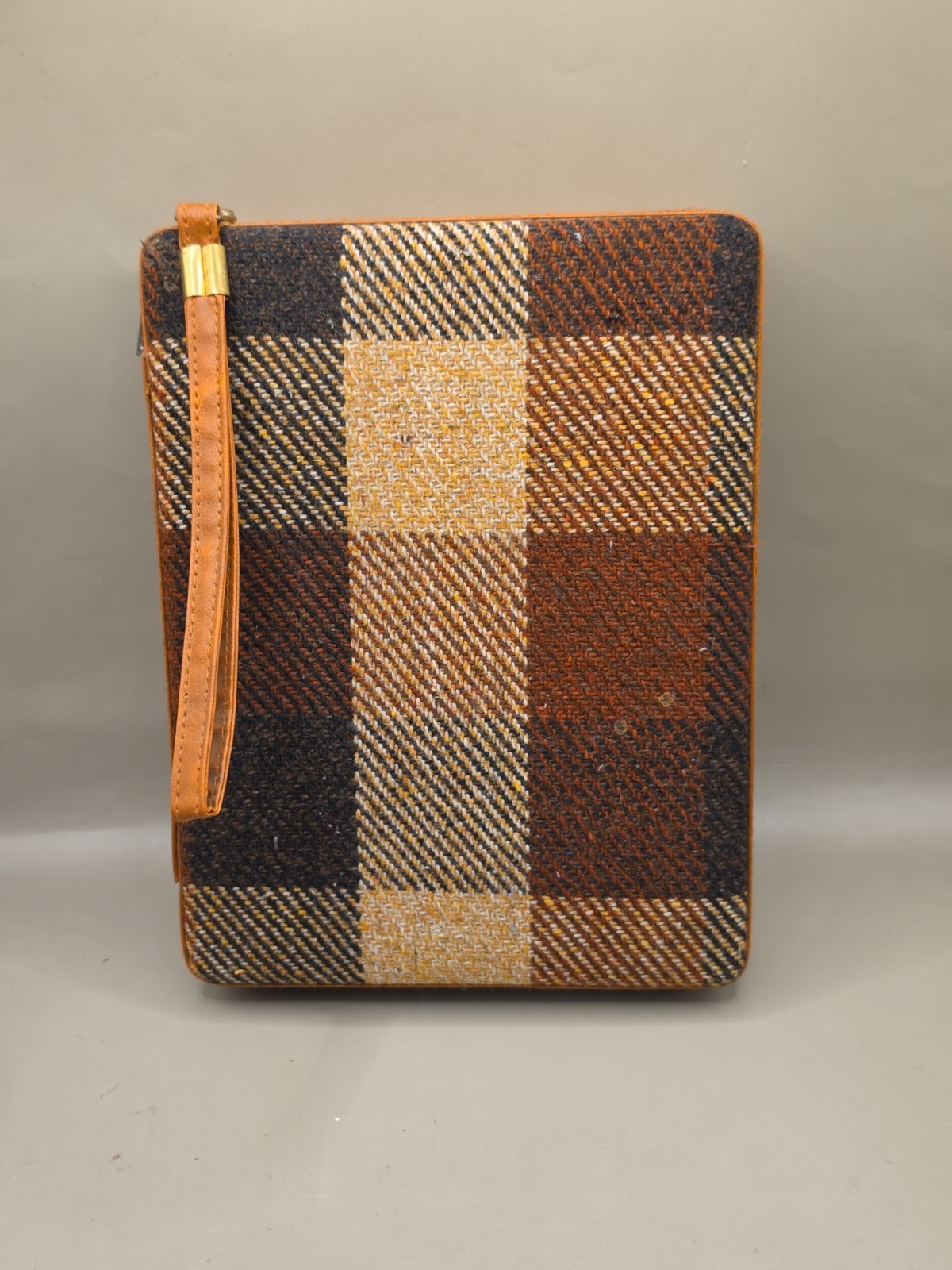 Vintage Backgammon Set Zippered Travel Case Brown Plaid Wool & Leather Complete