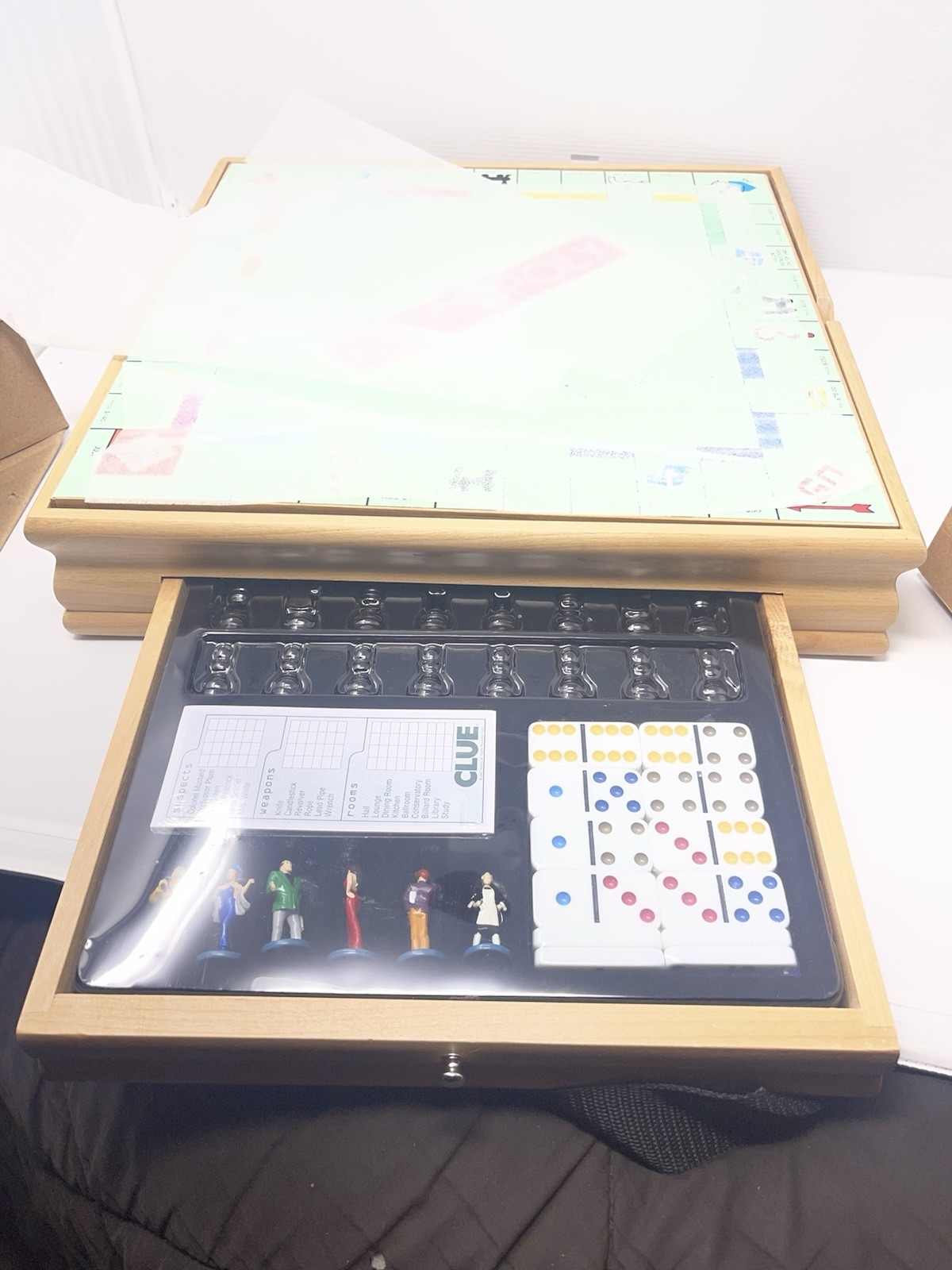 Monopoly & Clue + 6 Classic Games In Wood Cabinet Complete GREAT CONDITION!!