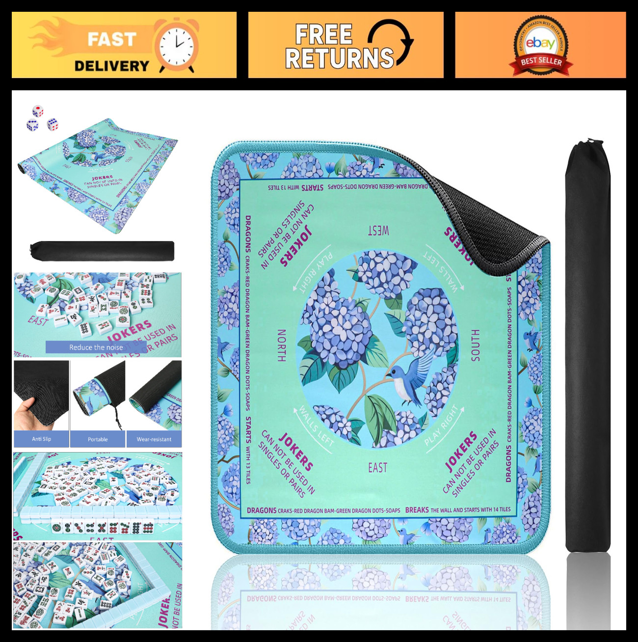 Green Mahjong Learning Mat 33″ x 33″ – Anti-Slip, Noise-Reducing, Carrying Bag I