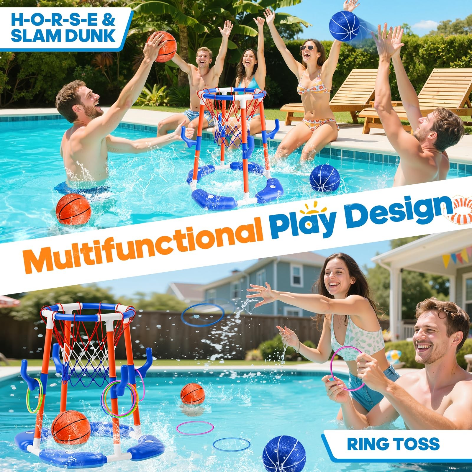 Pool Basketball Hoop 2-in-1 Floating Ring Game 4 Balls Pump Toys Outdoor