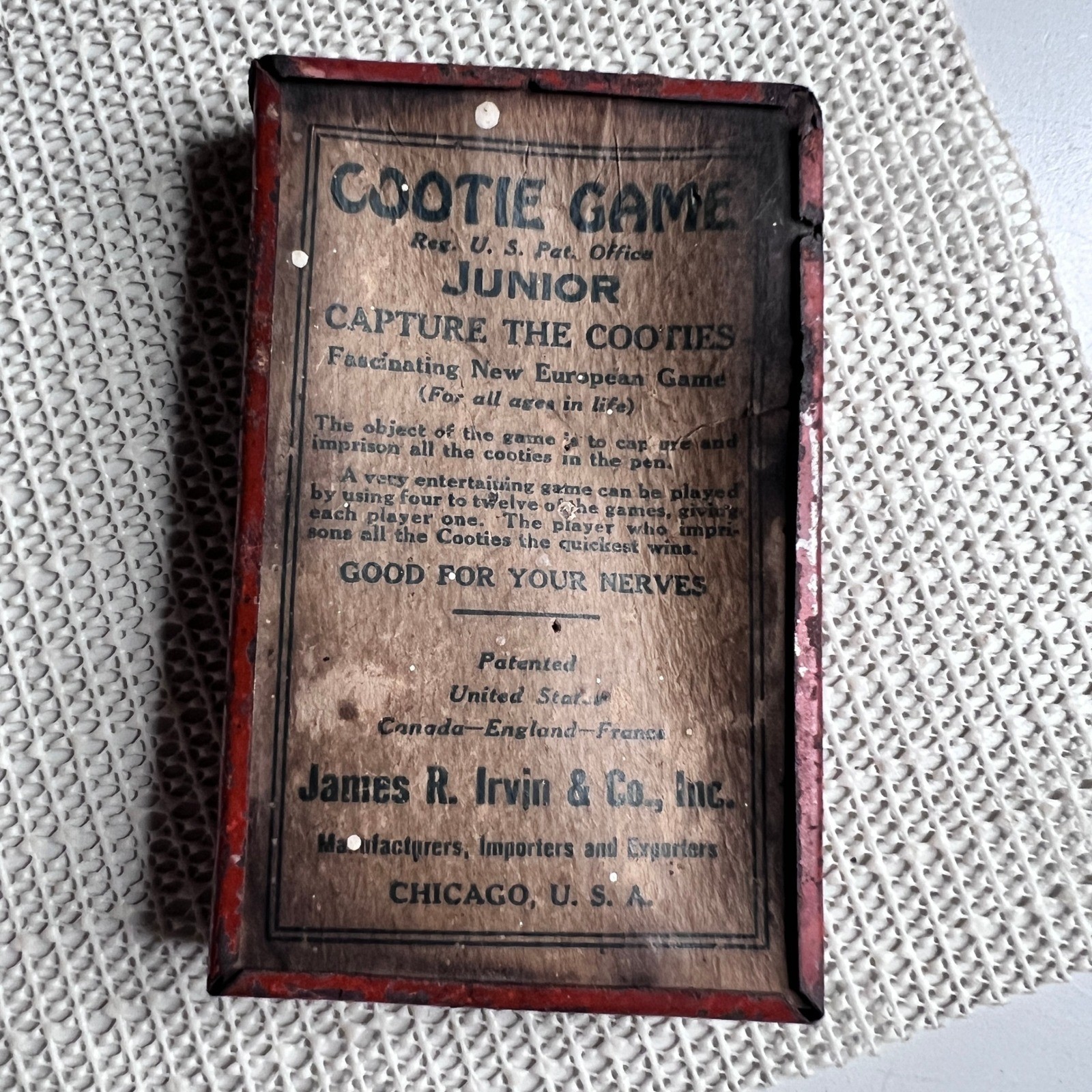 Antique Cootie Game Junior James R Irvin Chicago WWI Era Dexterity Puzzle Toy