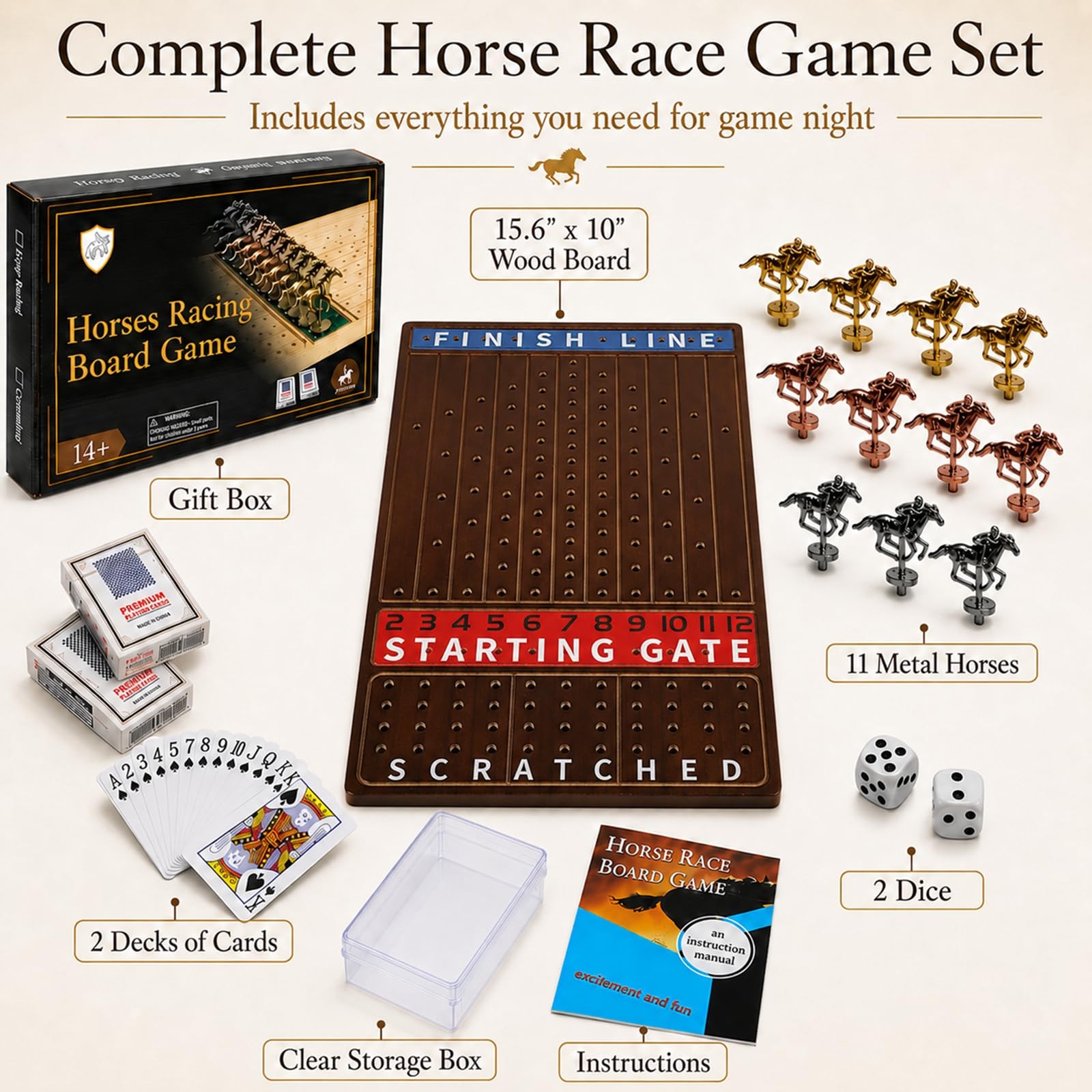 Jyquorp Horse Race Board Game Wooden Kentucky Derby Party Large, Walnut