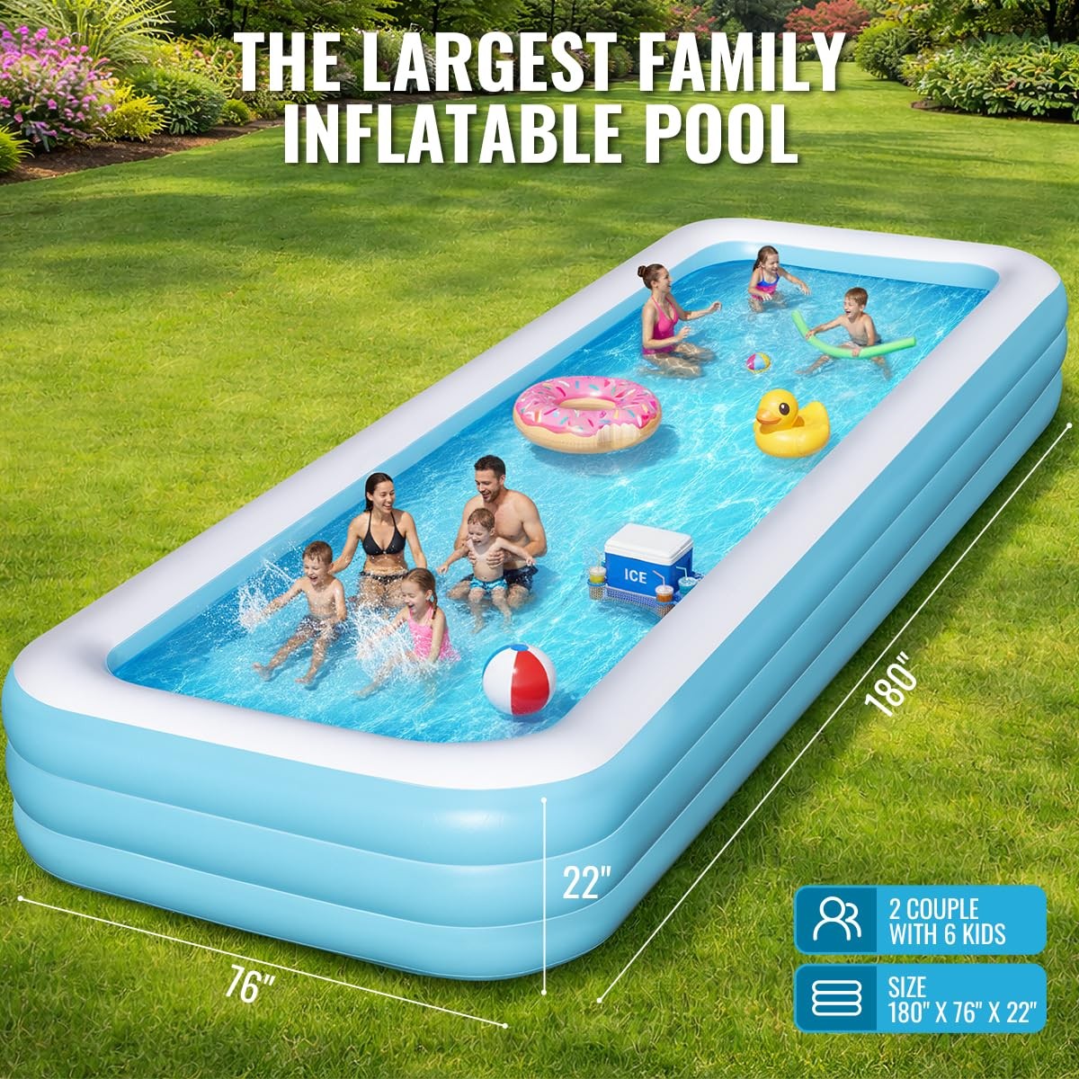Inflatable Pool 180 x 76 22 Family Blow Up Swimming Air Pump Large Oversized