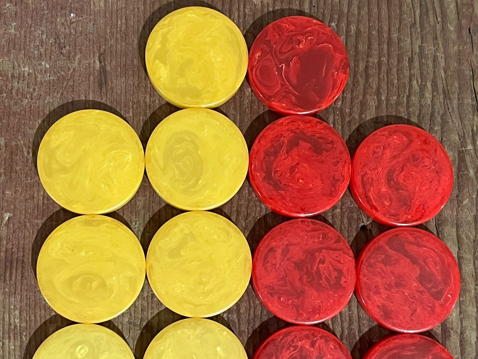 22 VINTAGE RED & YELLOW SWIRL BAKELITE BACKGAMMON PIECES ROUGHLY 1-7/32”x 15/64”