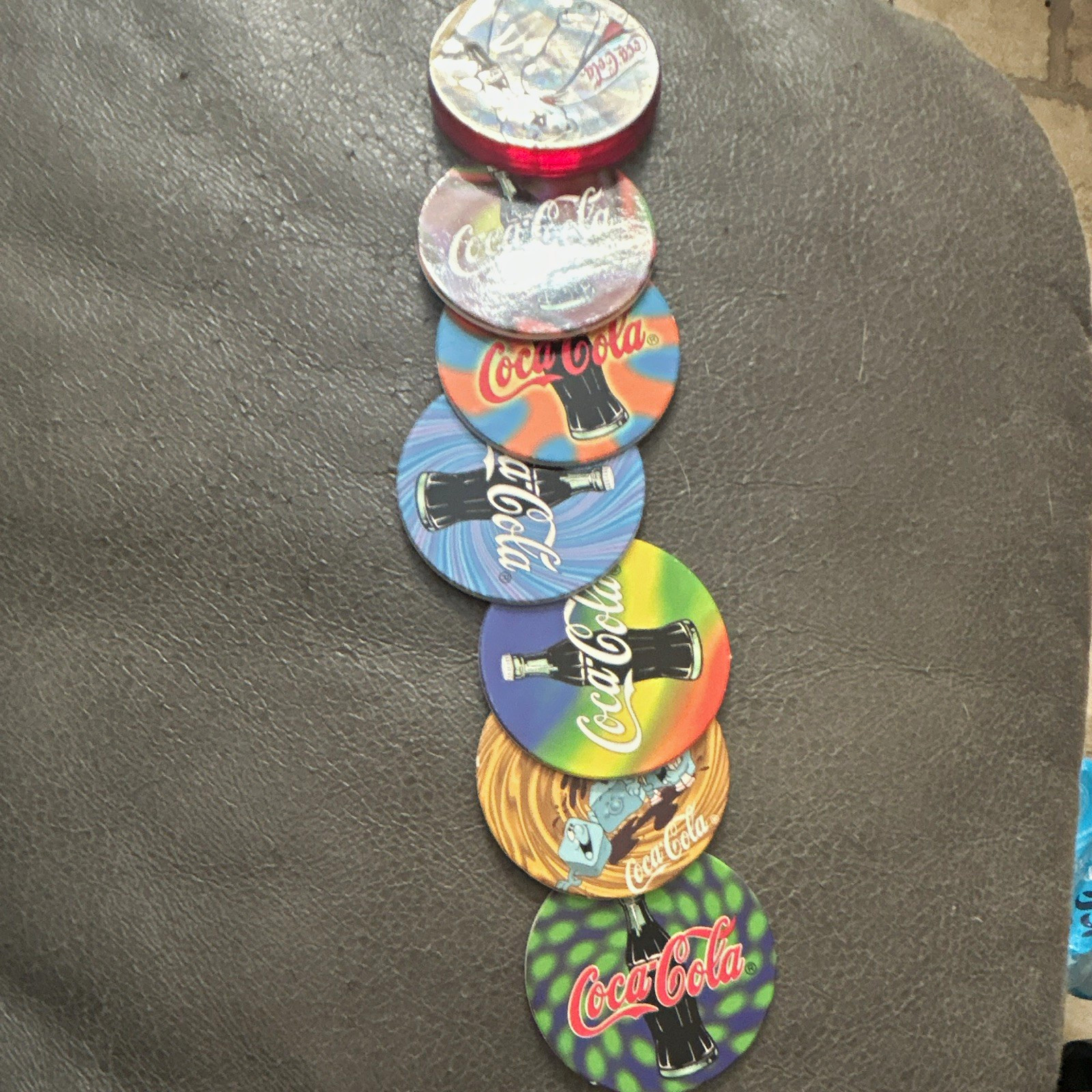 Set of 6 Pogs and 1 Slammer, Coca-Cola Theme Multicolor Assorted Designs