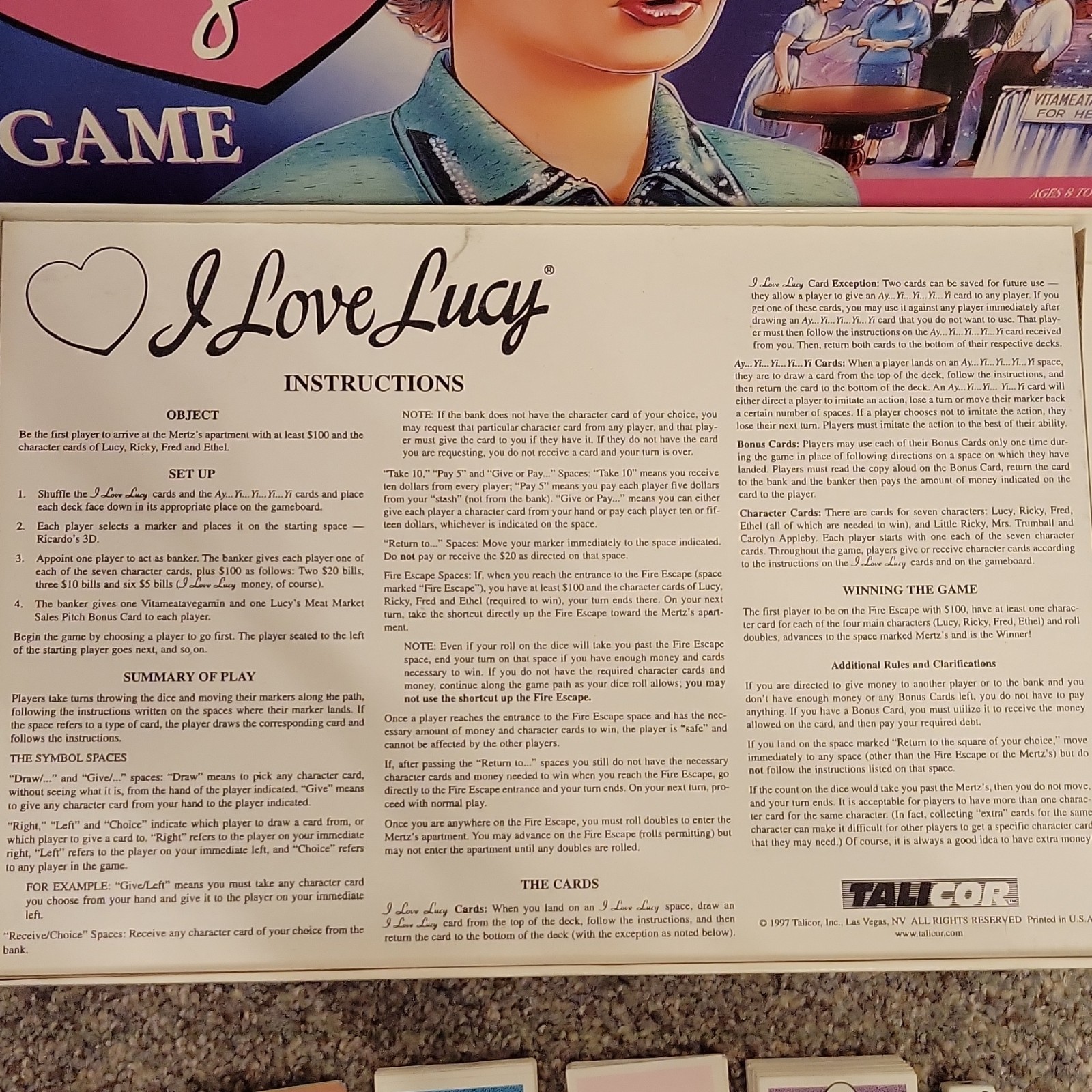 Talicor The I Love Lucy Game TV Theme Complete Dice Cards 2 Players 8+