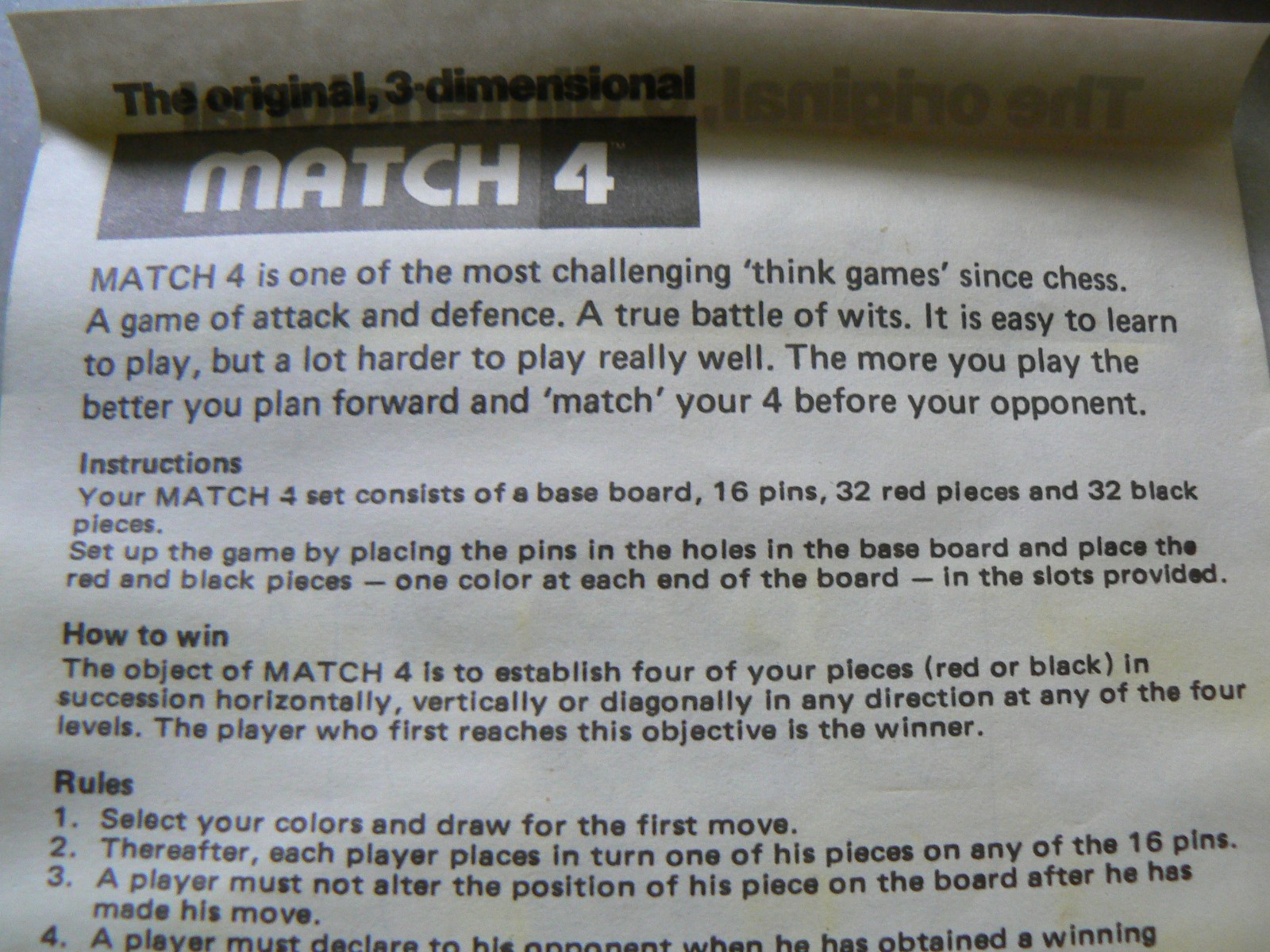 MATCH 4 – Battle of Wits! Vintage Game from 1987 by Hilco -Think game -COMPLETE