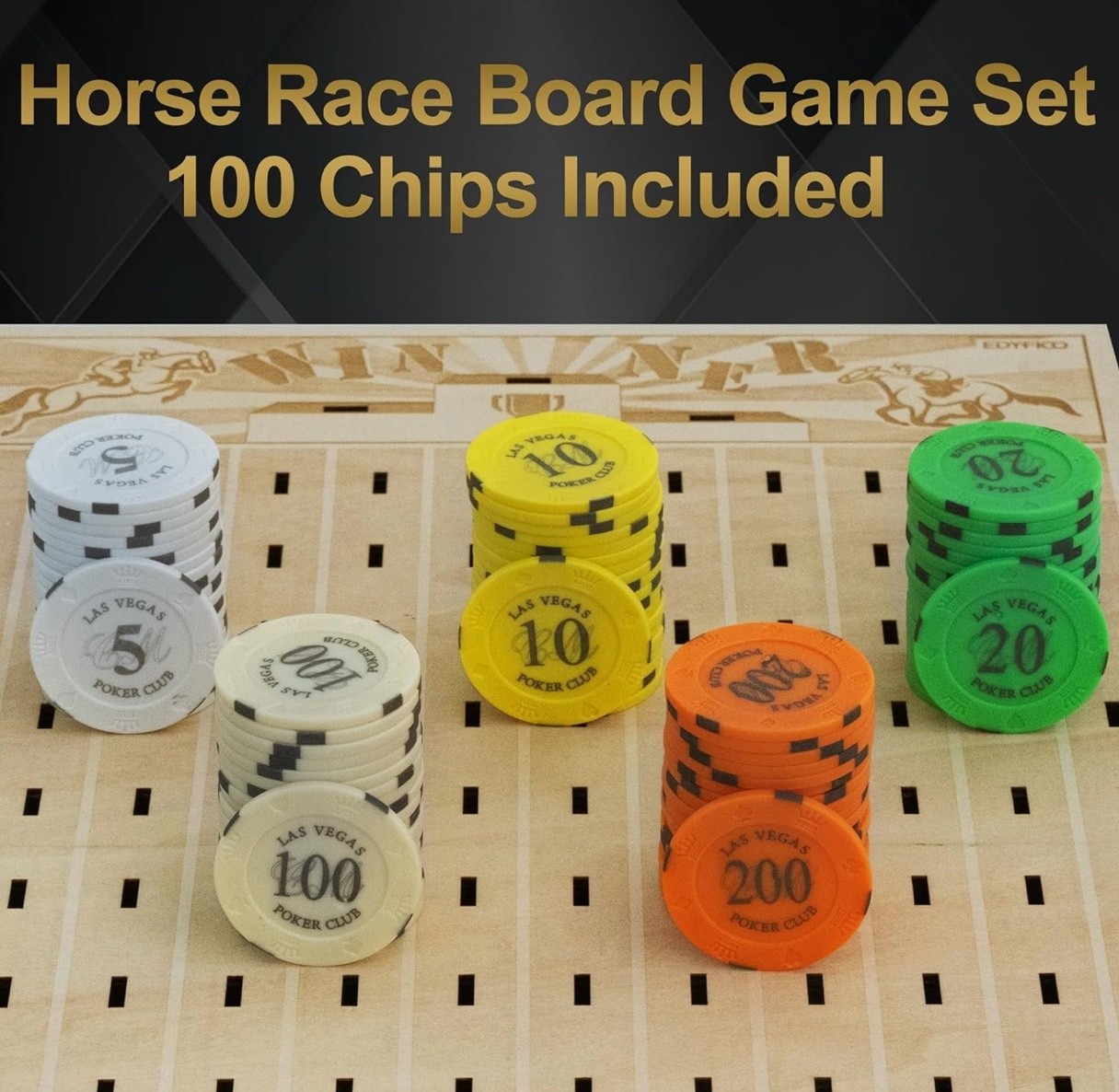 Wood Horse Racing Board Game-Foldable-Portable-Includes: Horses-Cards-Chips-Dice