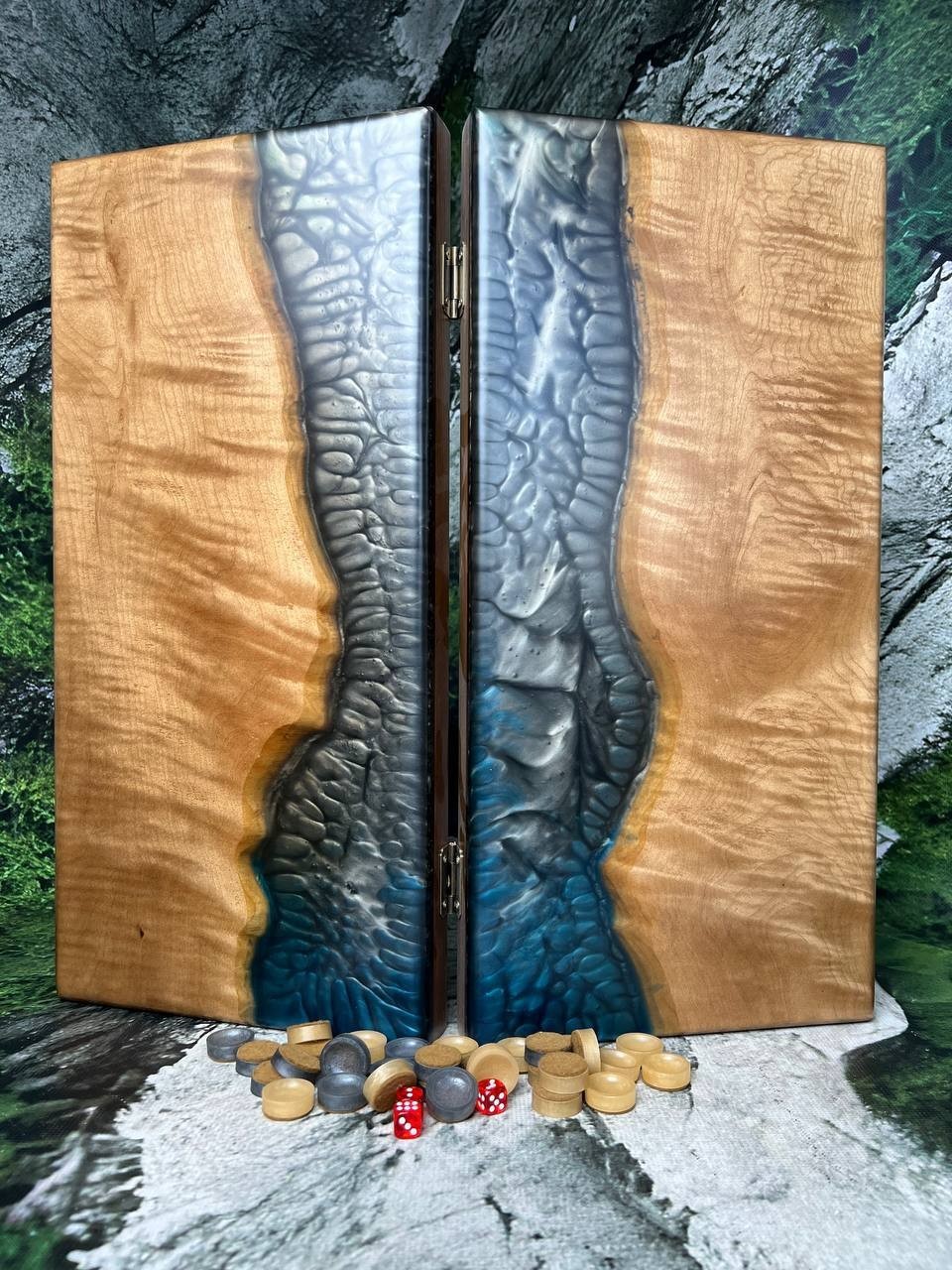 Handmade Wood Epoxy Resin Backgammon Set | Natural Wood Board Game 50×50 cm
