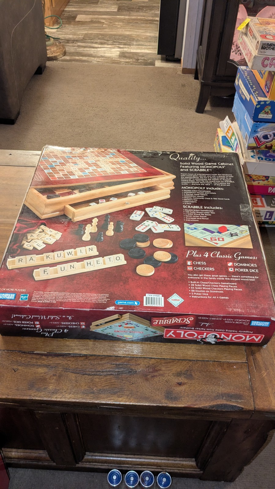 Monopoly Scrabble and 4 Classic Games Solid Wood Cabinet 2007 Parker Brothers