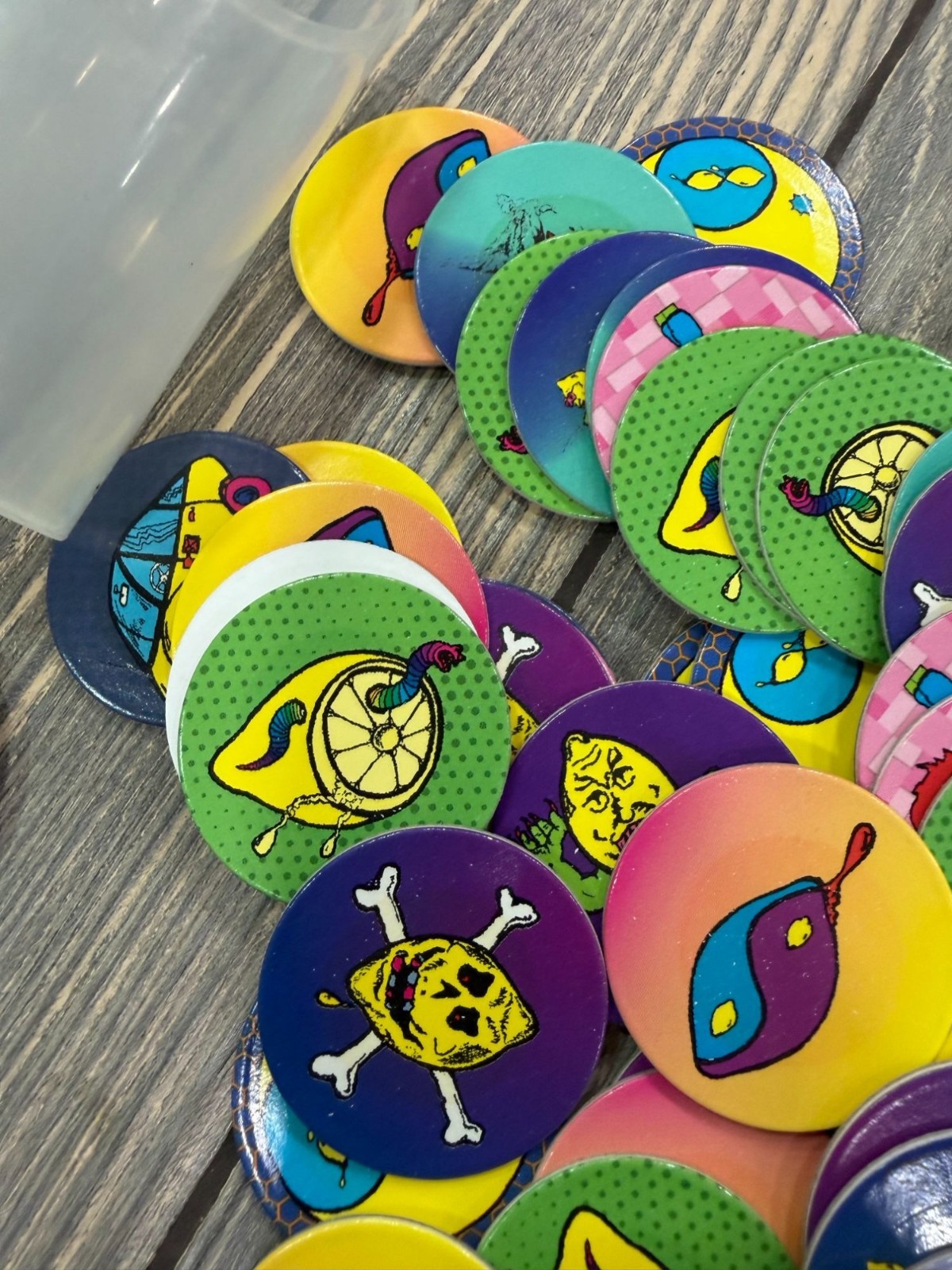 Vintage 90s Pogs Lot With Bright Graphics & Tube Container – Assorted Designs