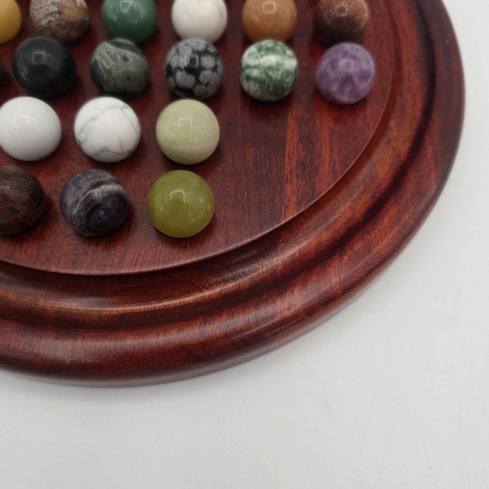 Miniature Marble Solitaire Game with Semi Precious Gemstones Minerals Wood Board