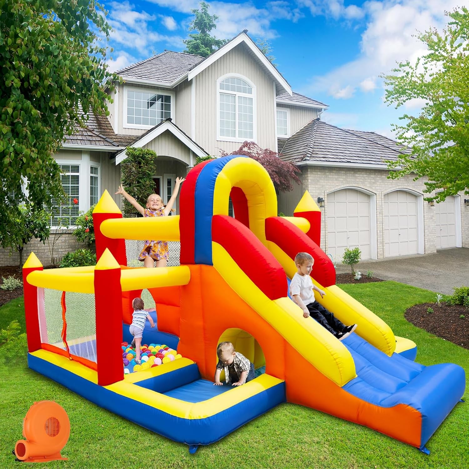 Inflatable Bounce House for Kids 3-10 with Long Slide Ball Pit Pool Obstacles