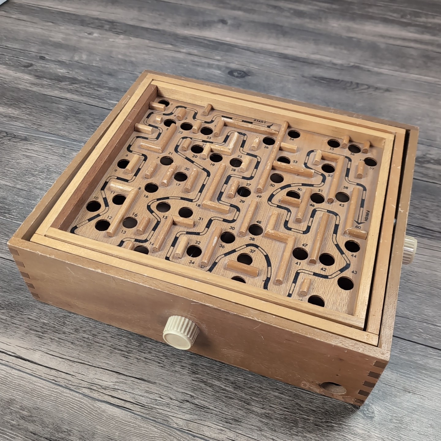 Vtg 1960s Marble Labyrinth Wood Tilt Maze 2 Knob Game Missing Ball 13×11.5″