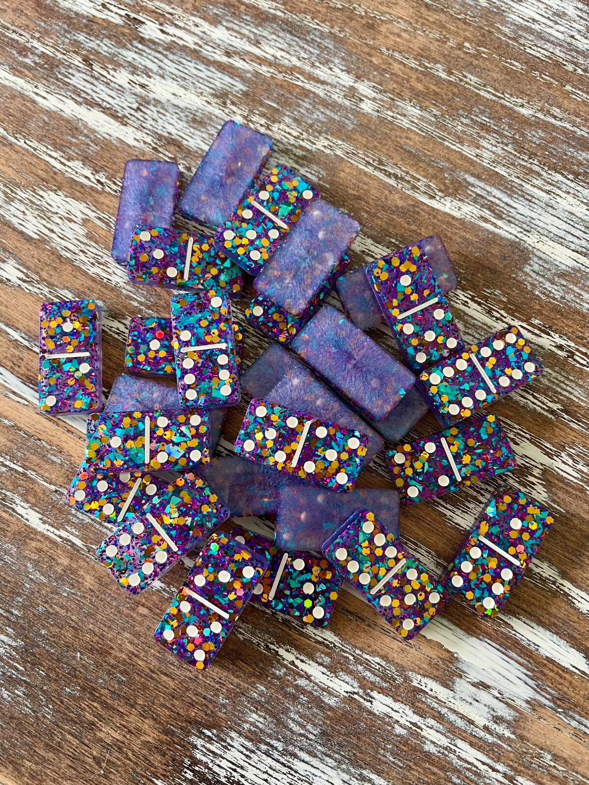 Dazzling Sparkle Glitter Resin Dominoes Game with Velvet Bag 28 pieces Glitter