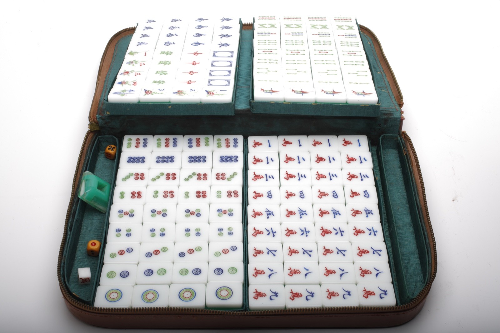 Vintage Chinese Mahjong Green White Tiles Game Set in Leather Case 144 piece