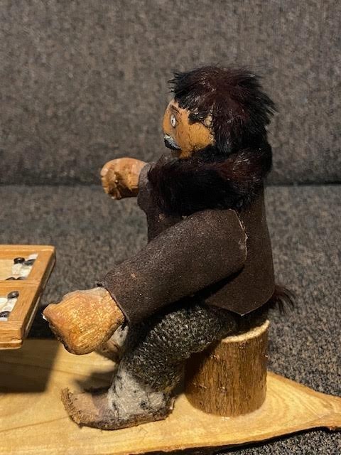Handmade folk art wooden carved men playing backgammon vintage