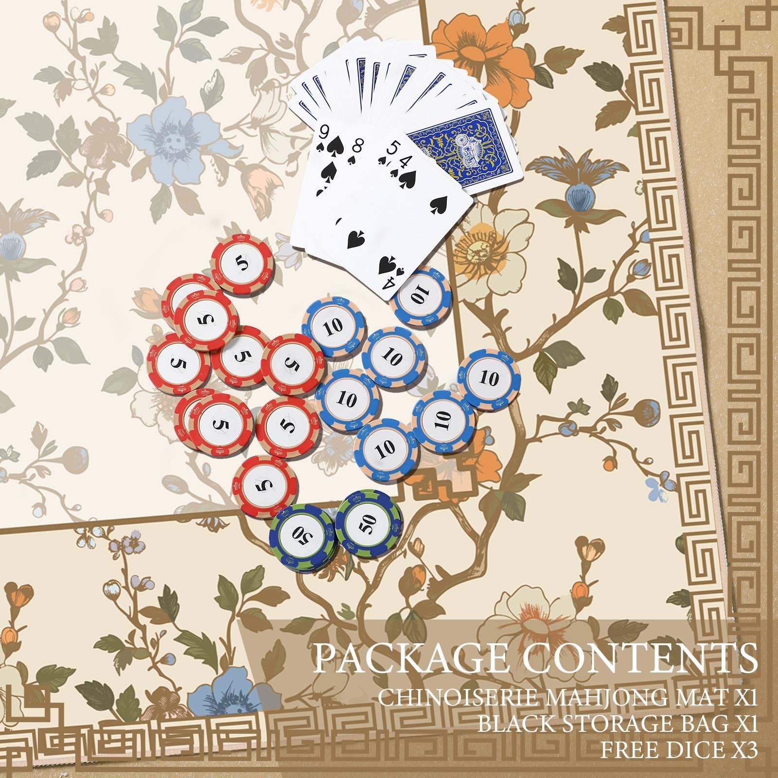 Chinoiserie Mahjong Mat 31.5″ x 31.5″ – Beige & White Anti-Slip Game Table Cover