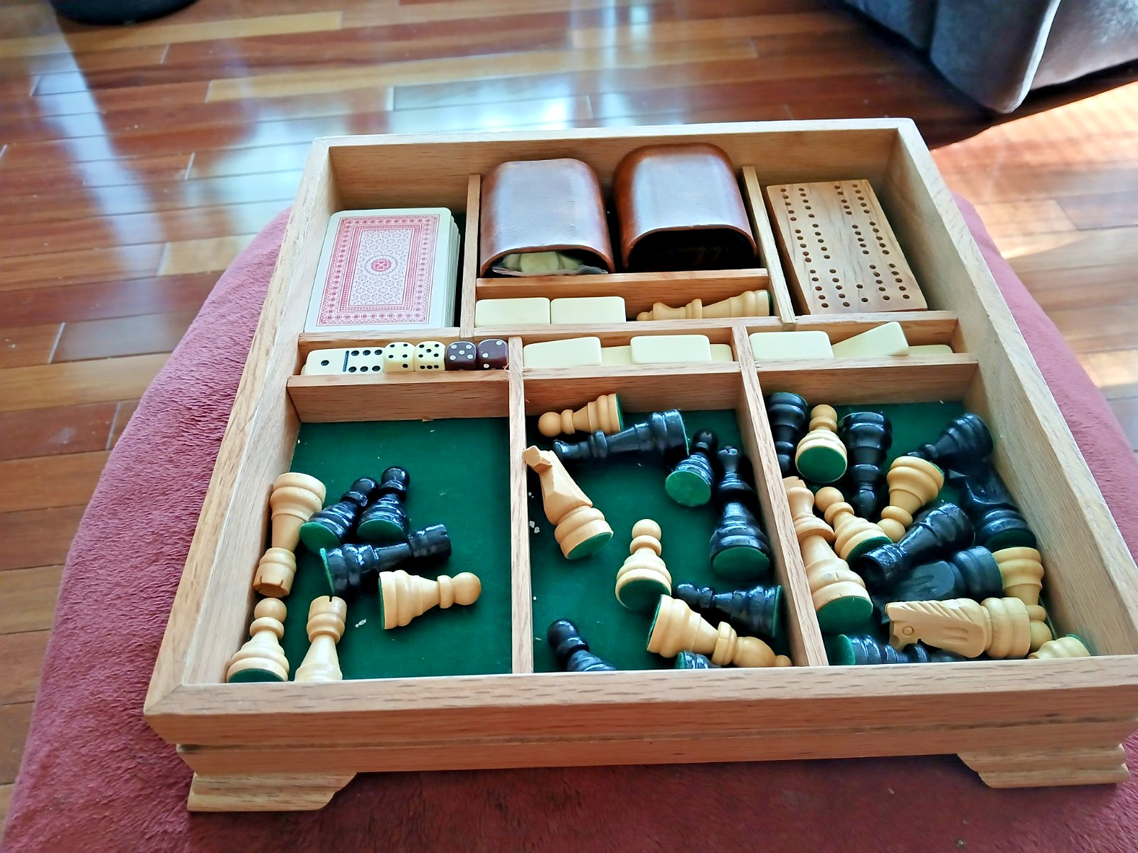 Wooden Game Box. Multiple Boards And Games. 12”x12”x3”. See Photos.