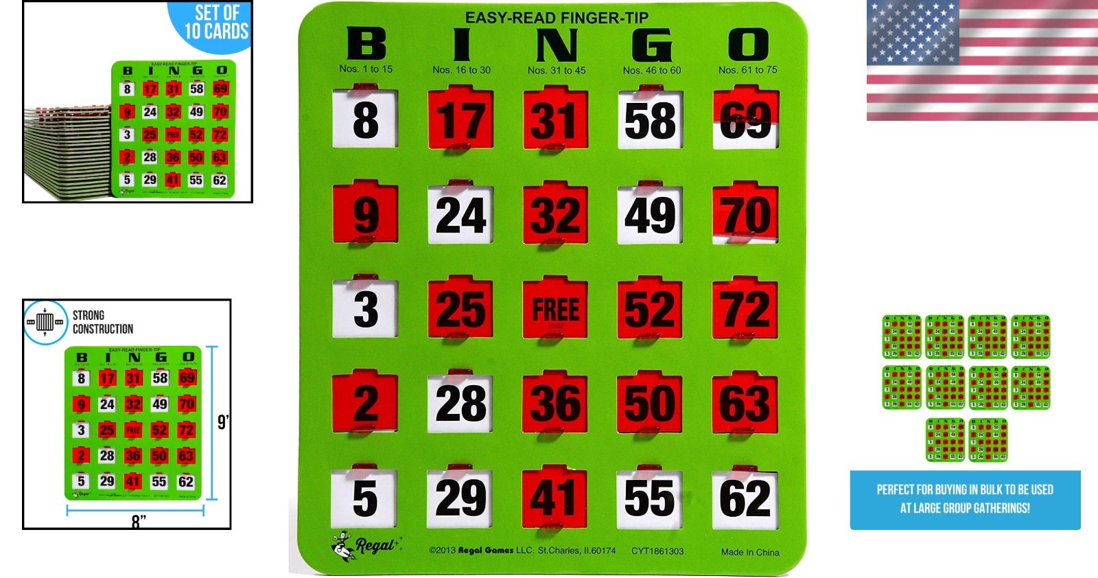 Bingo Cards Set of 10 Unique Shutter Slide Easy Read Green Cardstock 8×9 Inch
