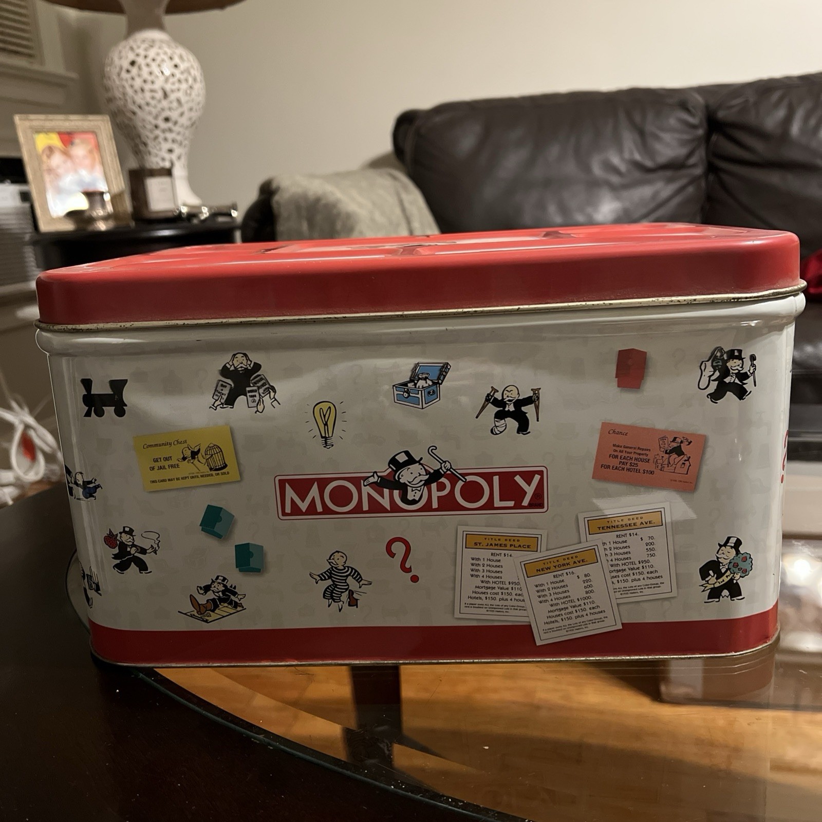 Vintage Hasbro Monopoly Popcorn Tin Toy Chest 1998 Large 13.5×9.25×7.5″‘