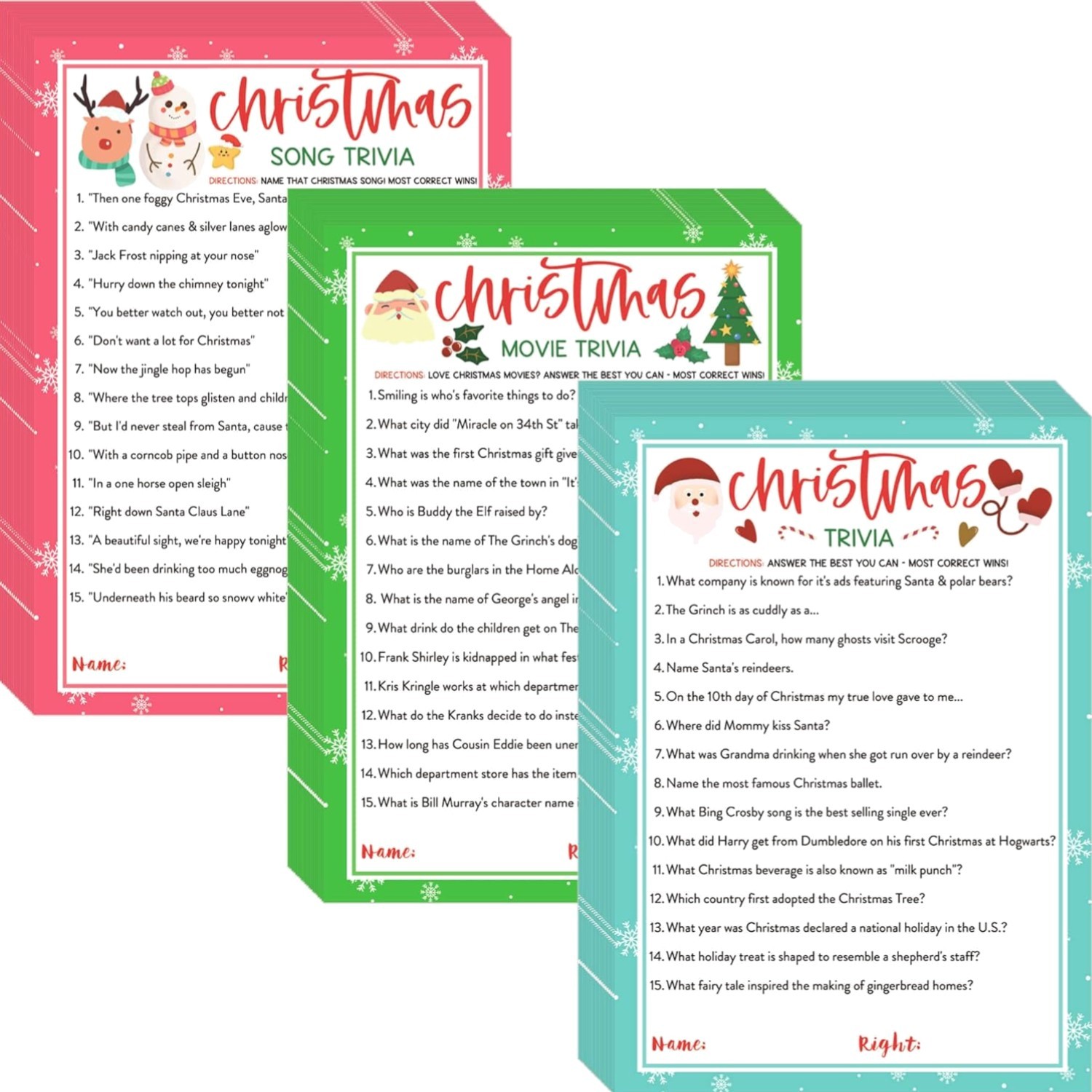 Christmas Trivia Game Cards 63 Pcs Guessing Activity 3 Themes