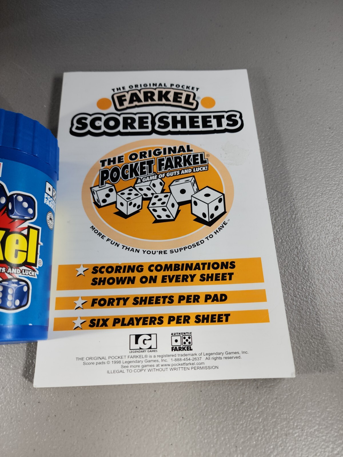 Legendary Games Six-Dice Farkel 2 to 8 Players Game with Score Sheets, COMPLETE