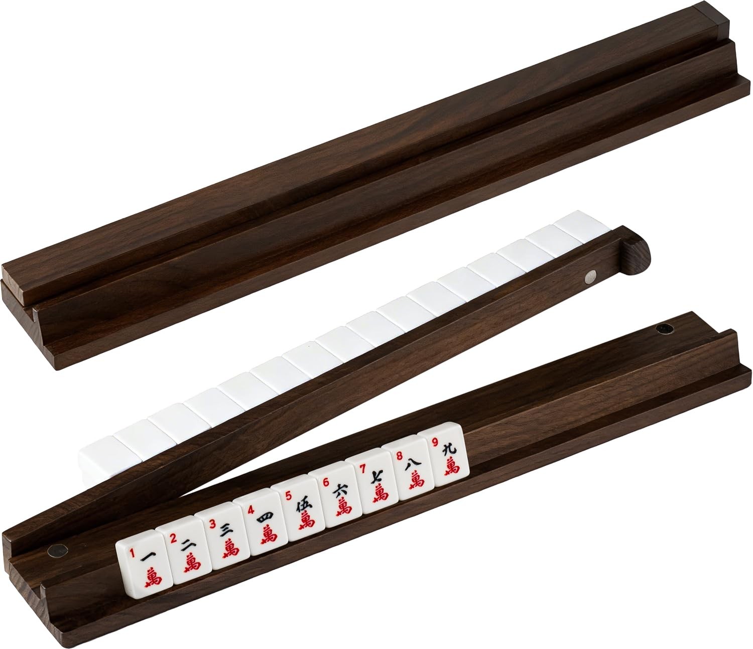 American Walnut Wood Mahjong Racks with Pushers, 4Pcs Mahjong Racks Set for Mahj