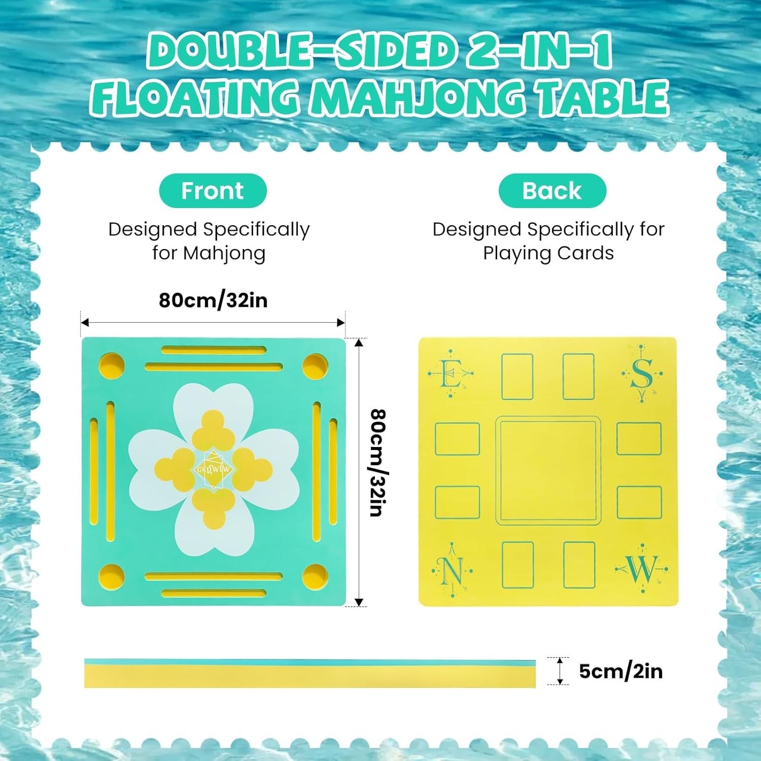 Floating Mahjong Table Double Sided 32-inch Waterproof Water Game Tray for Pool