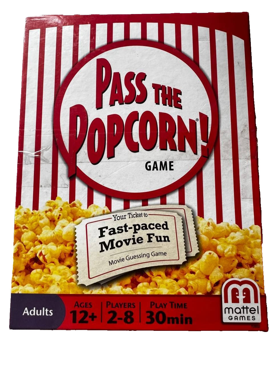 Mattel Pass the Popcorn Movie Guessing Board Game Adults 12+ Fast-Paced Trivia