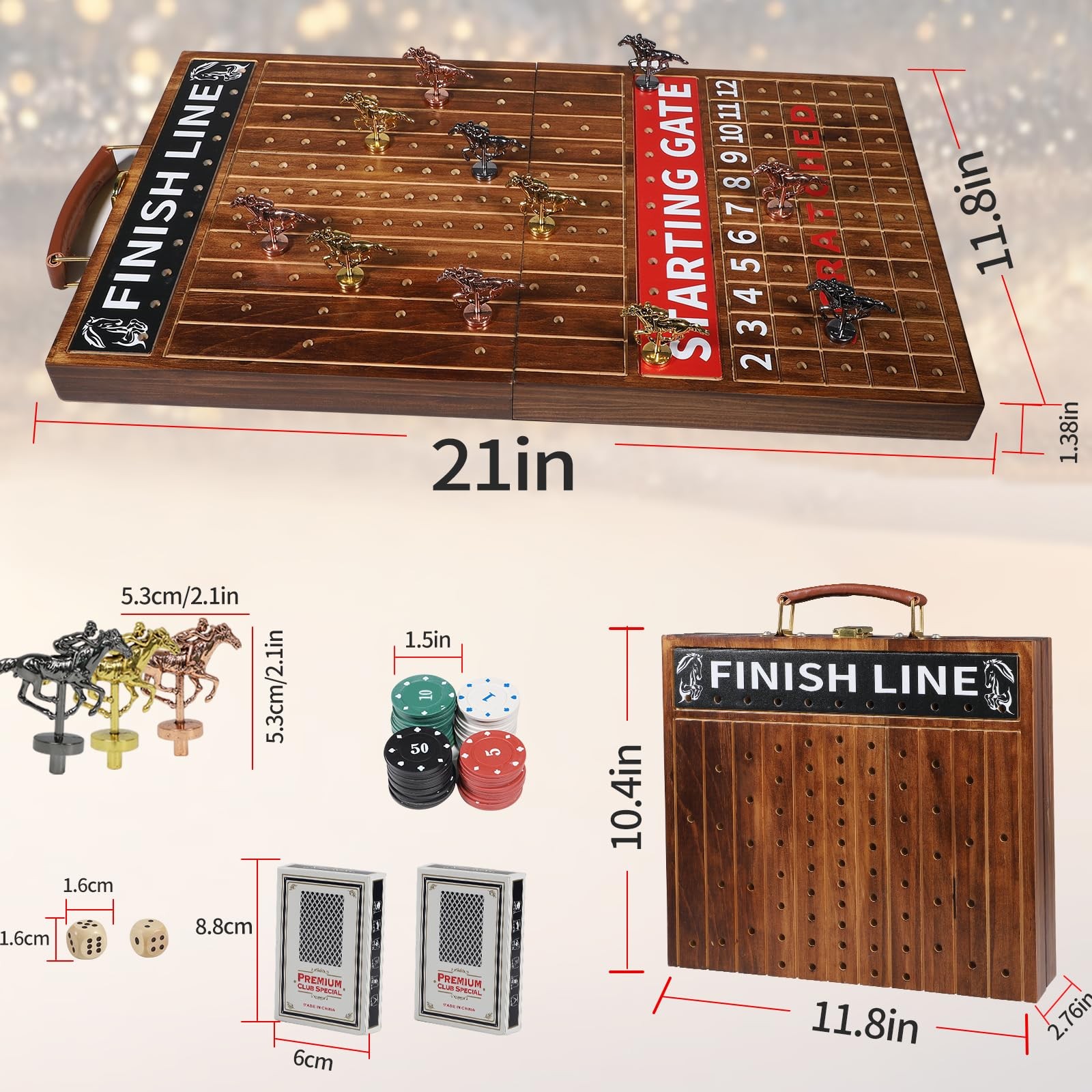 Wooden Finish Line Horse Racing Game 11 Metal Horses 2 Dice Cards Chips Adult