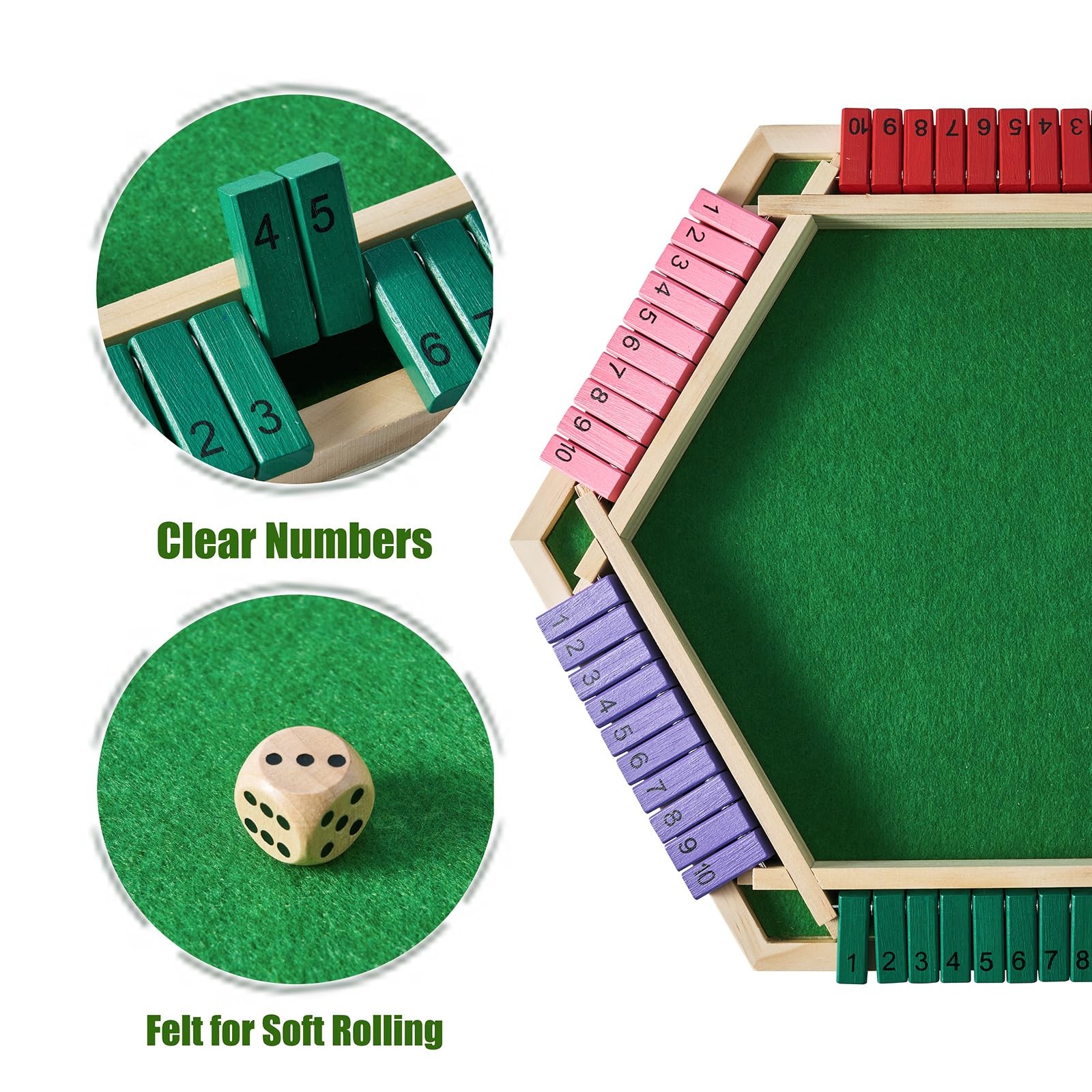 Shut The Box Game for 6 Player with 12+4 Dice – Colorful 6 Sided Wooden Board…
