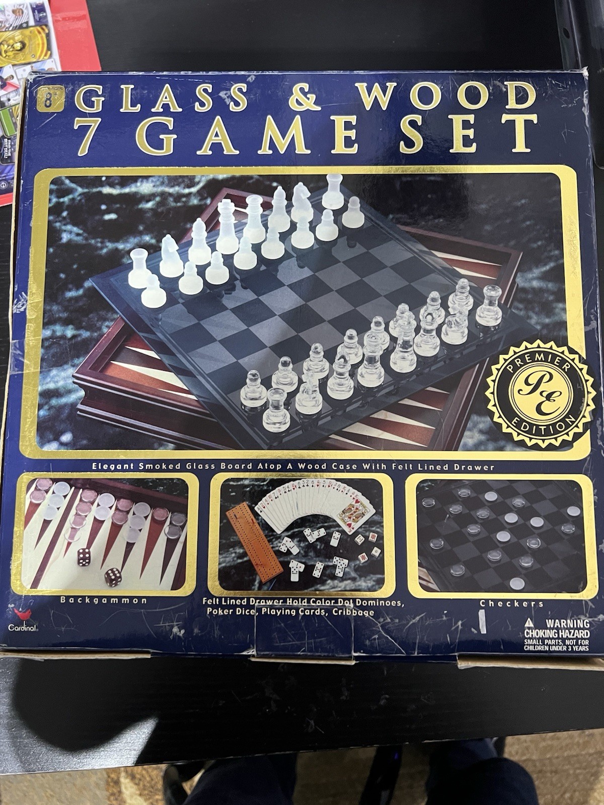 Cardinal Glass & Wood 7 Game Set Smoked Glass Board Wood Case Felt Drawer
