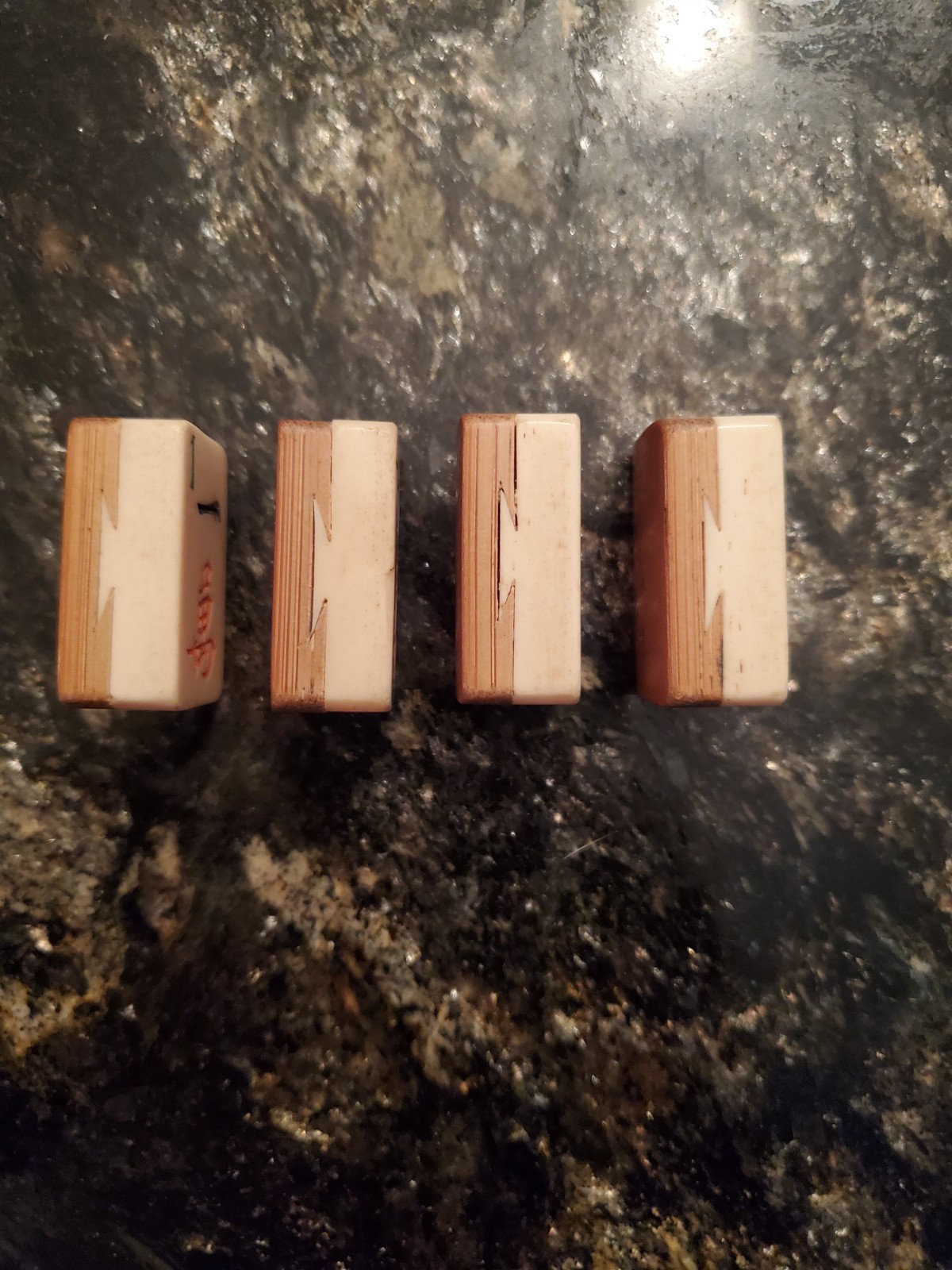 Vtg 1920s Bone&Bamboo Mahjong Replacement Tiles Lot of 4 (Craks & Red Dragon)