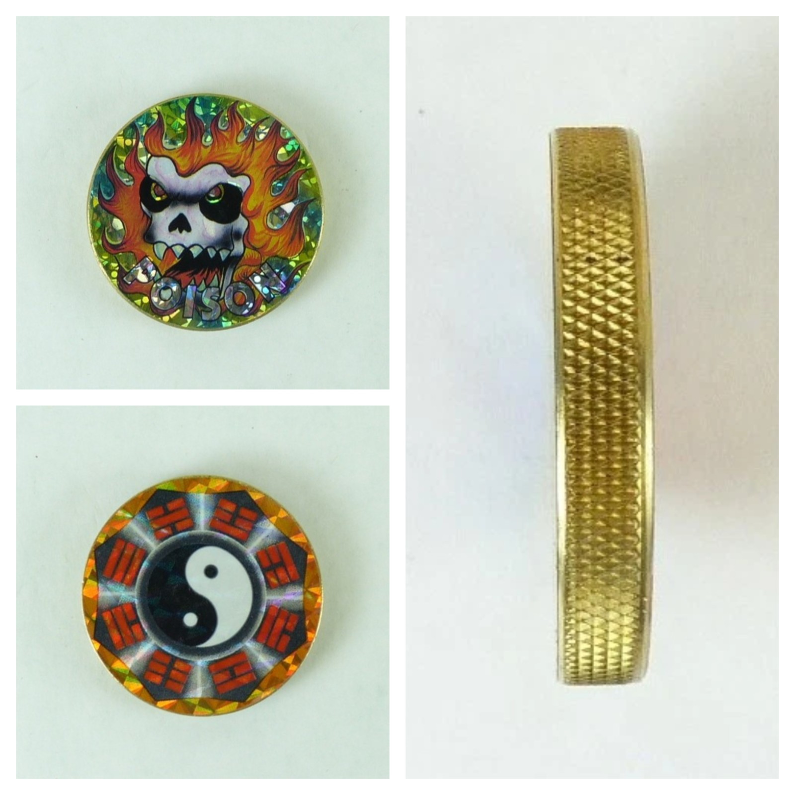 1/4″ Thick 2.5oz Heavy Brass Double Sided Pogs Slammer Poison Skull Yin Yang