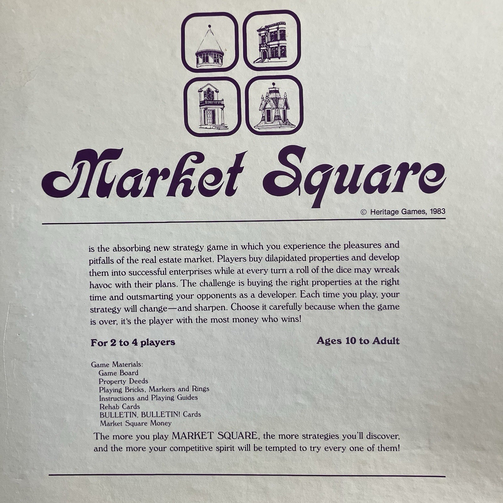 VTG MARKET SQUARE COMPETITIVE REAL ESTATE STRATEGY GAME 1983 Ages 10 to Adult
