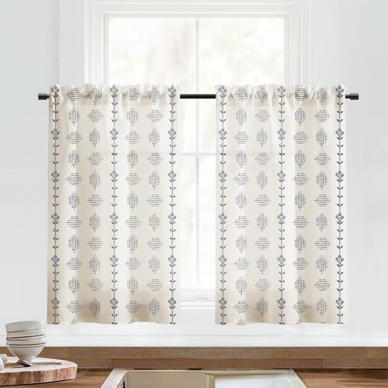 Lino Rosa French Country Curtains for 24″W x 30″L (Pack of 2), Navy
