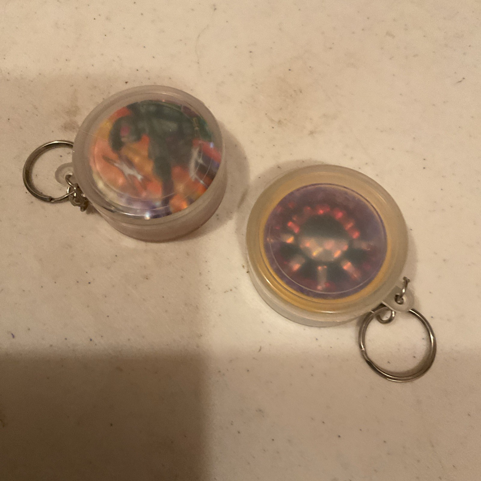 2 Vintage POG Game Pieces Slammers Storage Container Keychain Pogs Keyring Lot