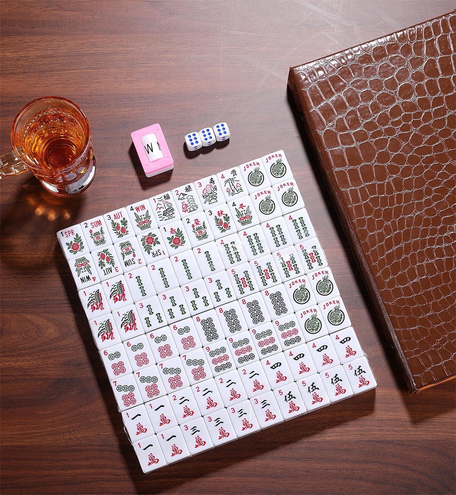Mahjong Game Set 166 White Engraved Tiles Traveler Case Dices Chips American